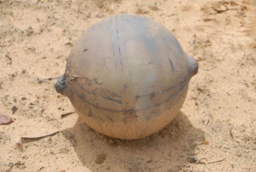 Một bức ảnh do Viện Khoa học Cảnh sát Quốc gia Namibia cung cấp cho thấy một quả cầu kim loại lớn, nặng khoảng 6 kg