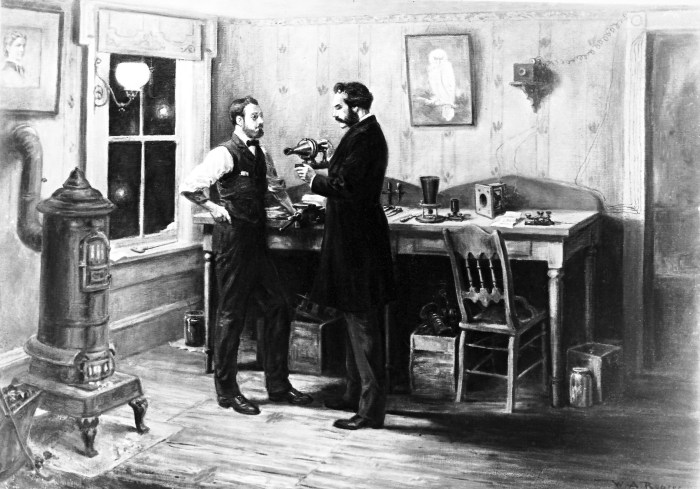 Hình minh họa Alexander Graham Bell đang làm việc cùng người trợ lí, ông Watson, về phát minh ra điện thoại
