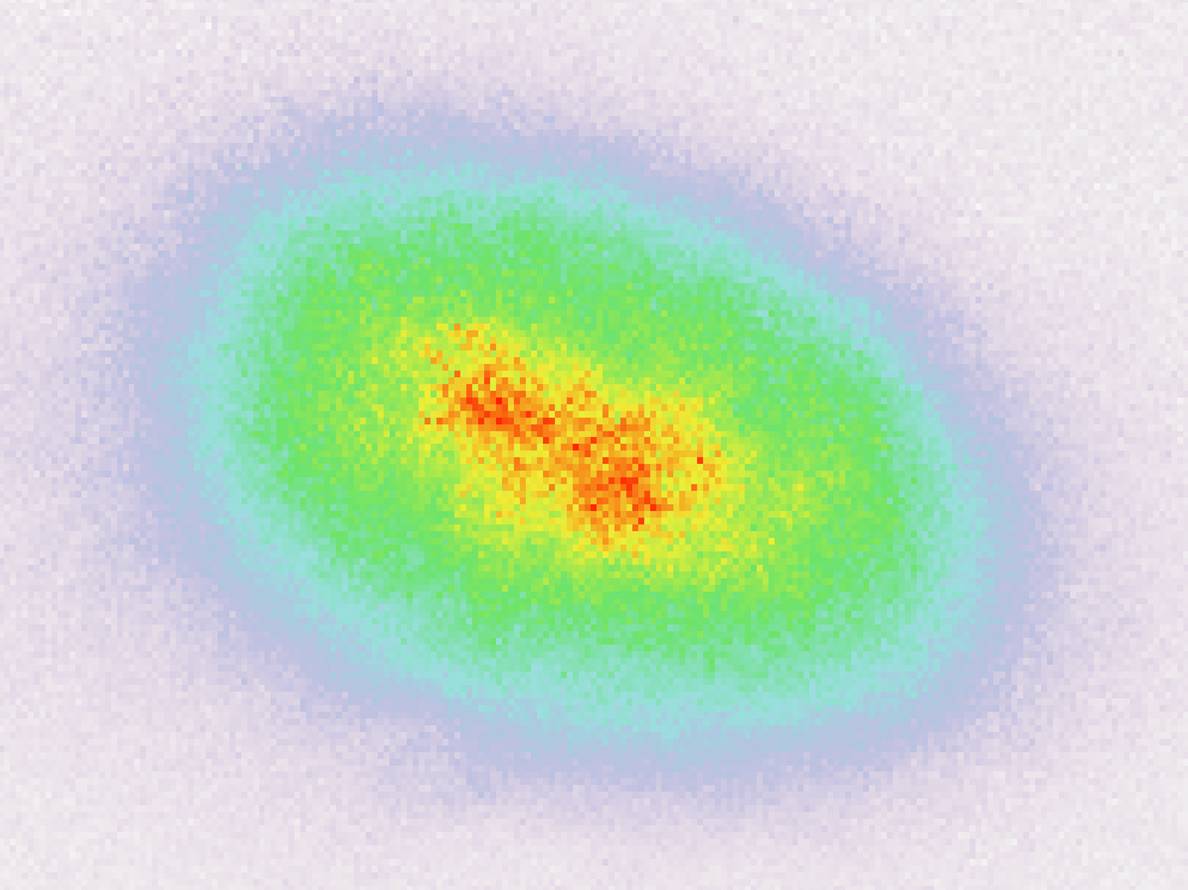 nh màu giả thể hiện mật độ trung bình của các nguyên tử cesium dùng trong nghiên cứu sự tới hạn lượng tử trong phòng thí nghiệm cực lạnh của Cheng Chin tại Chicago.