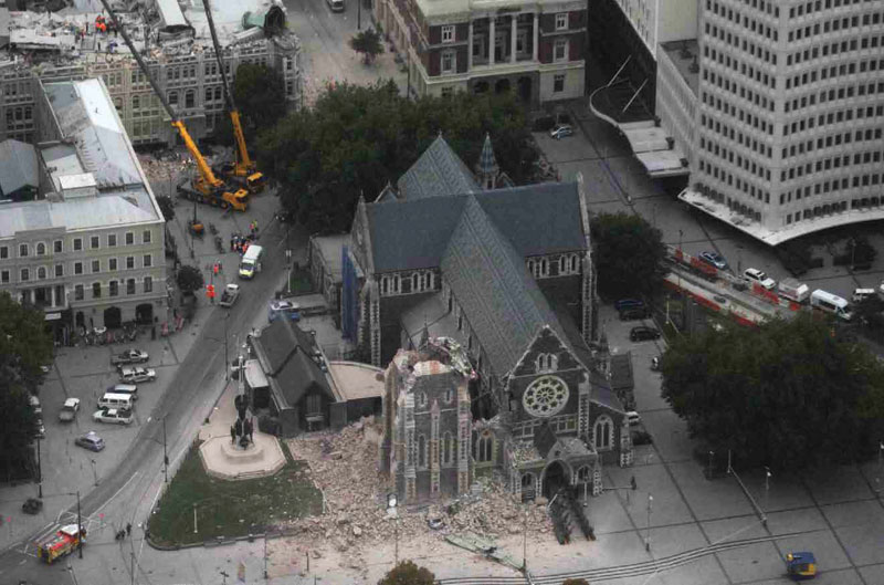 Ảnh chụp từ trên không của Thánh đường Christchurch sau trận động đất ở Christchurch, New Zealand, vào tháng 2 năm 2011