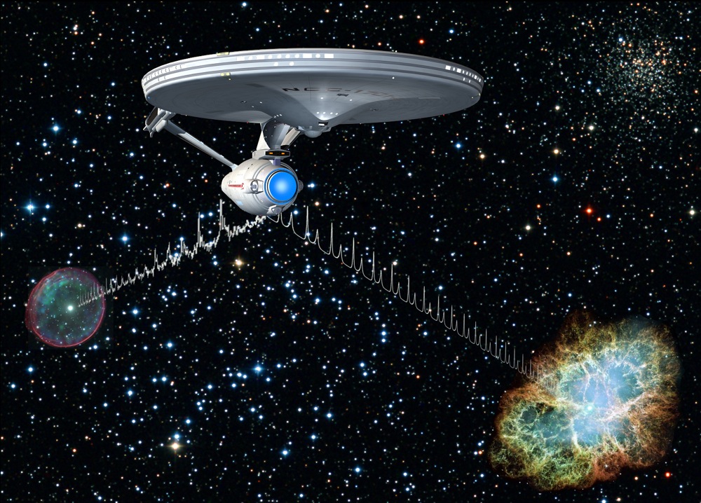 Ảnh minh họa phi thuyền Enterprise sử dụng các tín hiệu pulsar để tìm phương hướng trong không gian sâu thẳm.