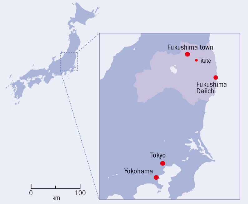 Bản đồ thể hiện quận Fukushima, nơi các tác giả tiến hành các kiểm tra trên những mẫu đất, và những trung tâm dân cư lớn.