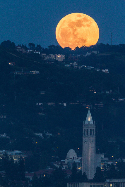 Trăng tròn mọc lên UC Berkeley Sather Tower Campanile và International House. Ảnh: Ira Serkes