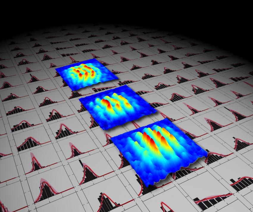 Biểu diễn 3D của hệ vân giao thoa với màu đỏ là mật độ nguyên tử cao, màu xanh mật độ thấp. Biểu diễn 3D của hệ vân giao thoa với màu đỏ là mật độ nguyên tử cao, màu xanh mật độ thấp.