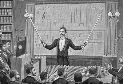 Một bức tranh khắc thể hiện Nilola Tesla đang thuyết giảng trước Hội Vật lí Pháp và Hội Kĩ sư điện Quốc tế hồi những năm 1880.