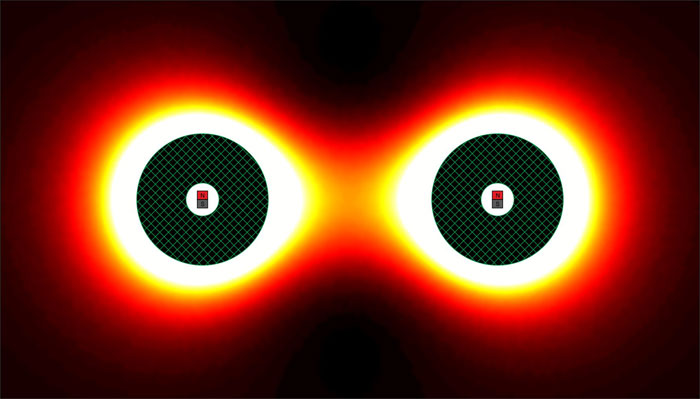 Mô phỏng trên máy tính cho thấy sự phân bố của năng lượng từ giữa hai nam châm giữ bên trong hai lớp vỏ siêu chất liệu tách biệt Mô phỏng trên máy tính cho thấy sự phân bố của năng lượng từ giữa hai nam châm giữ bên trong hai lớp vỏ siêu chất liệu tách biệt