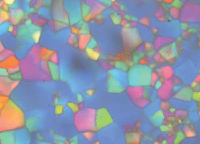 Một tinh thể lỏng pha xanh nhìn qua kính hiển vi quang học