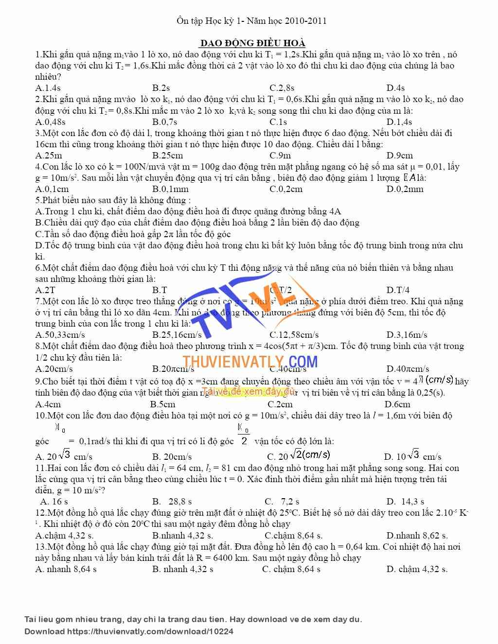 Bài tập ôn tập HK1-Vật lý 12