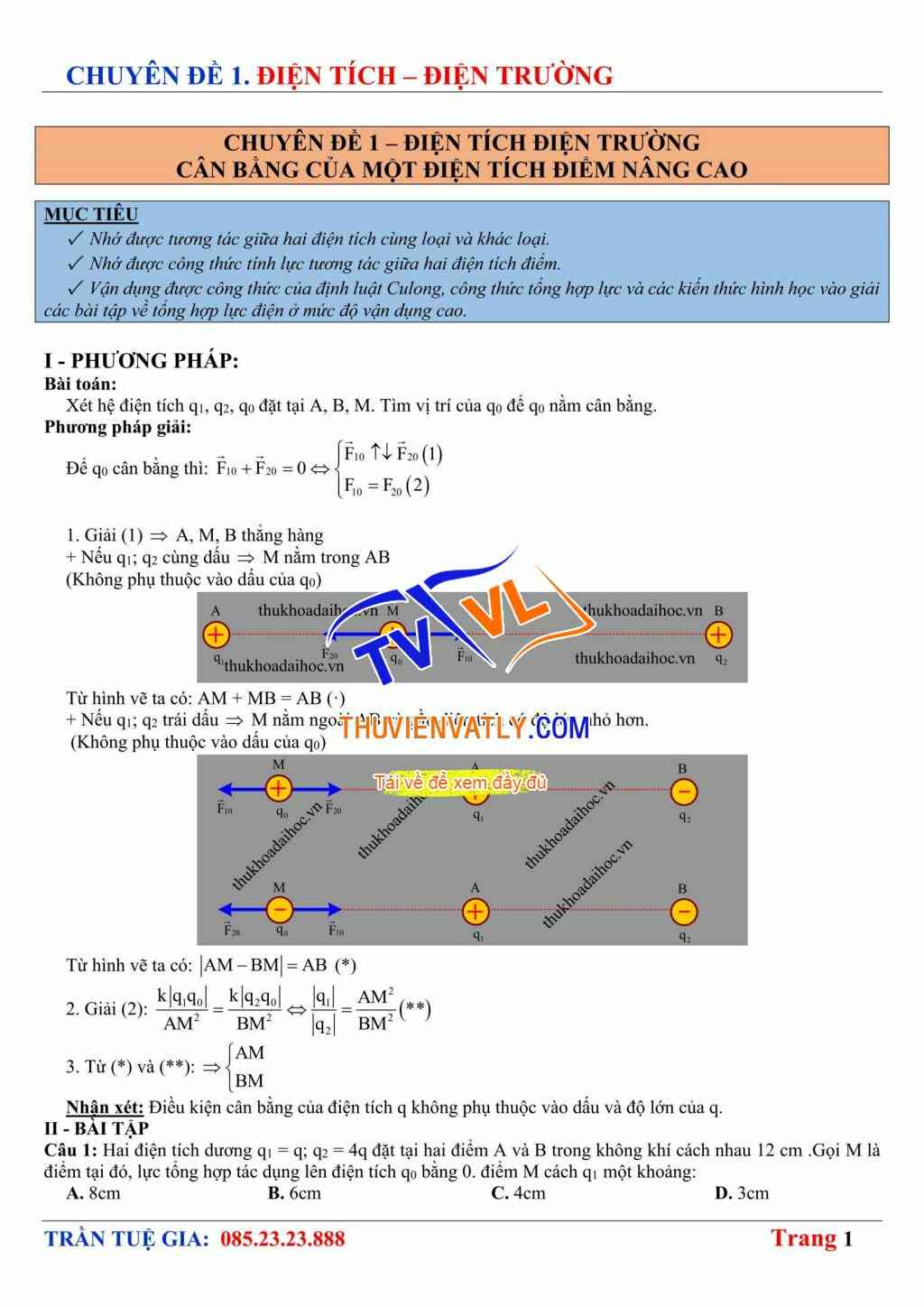 Cân bằng của một Điện tích điểm (Nâng cao) - Chương 1 (Điện tích Điện trường) - Vật lý 11