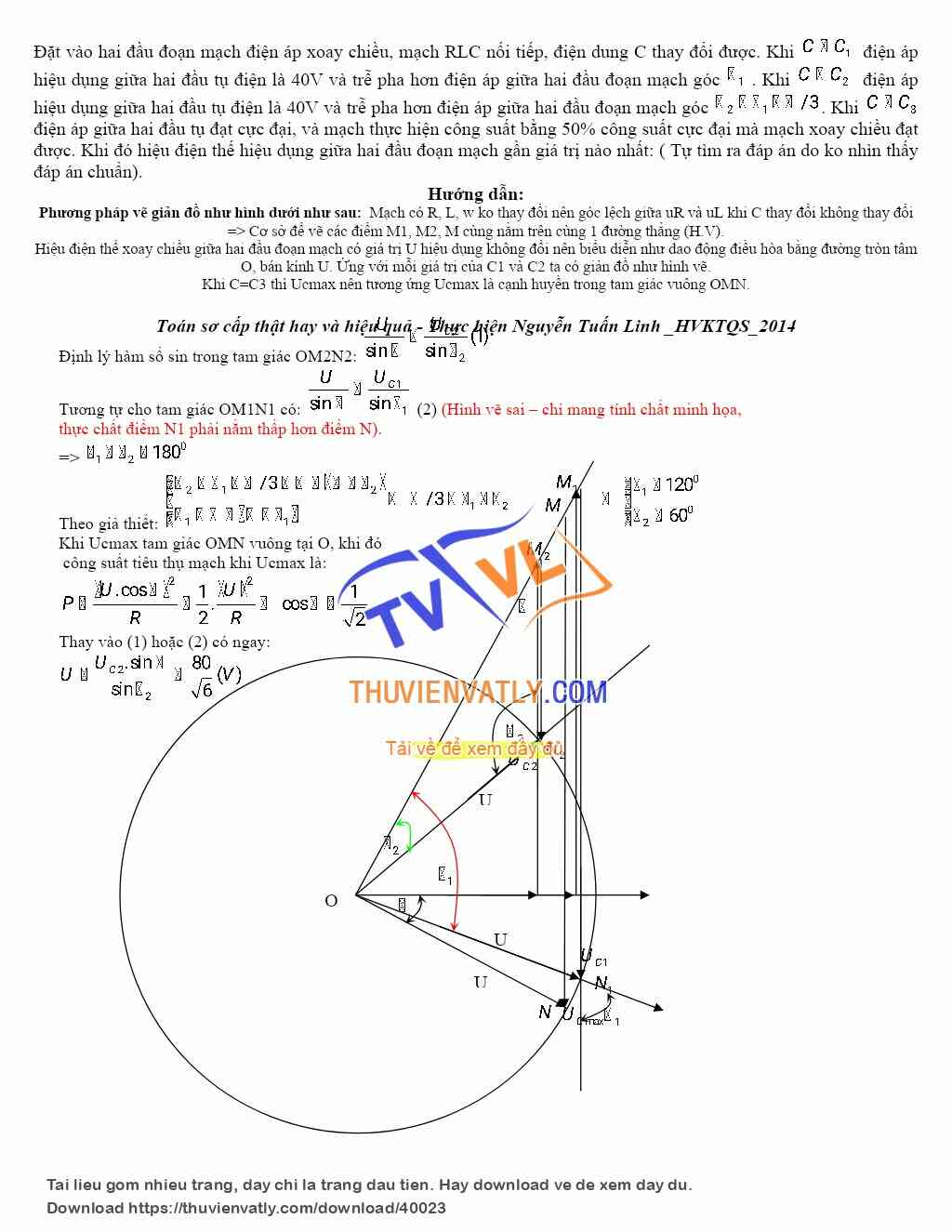 Cách giải một bài toán Dòng điện xoay chiều bằng Hình học