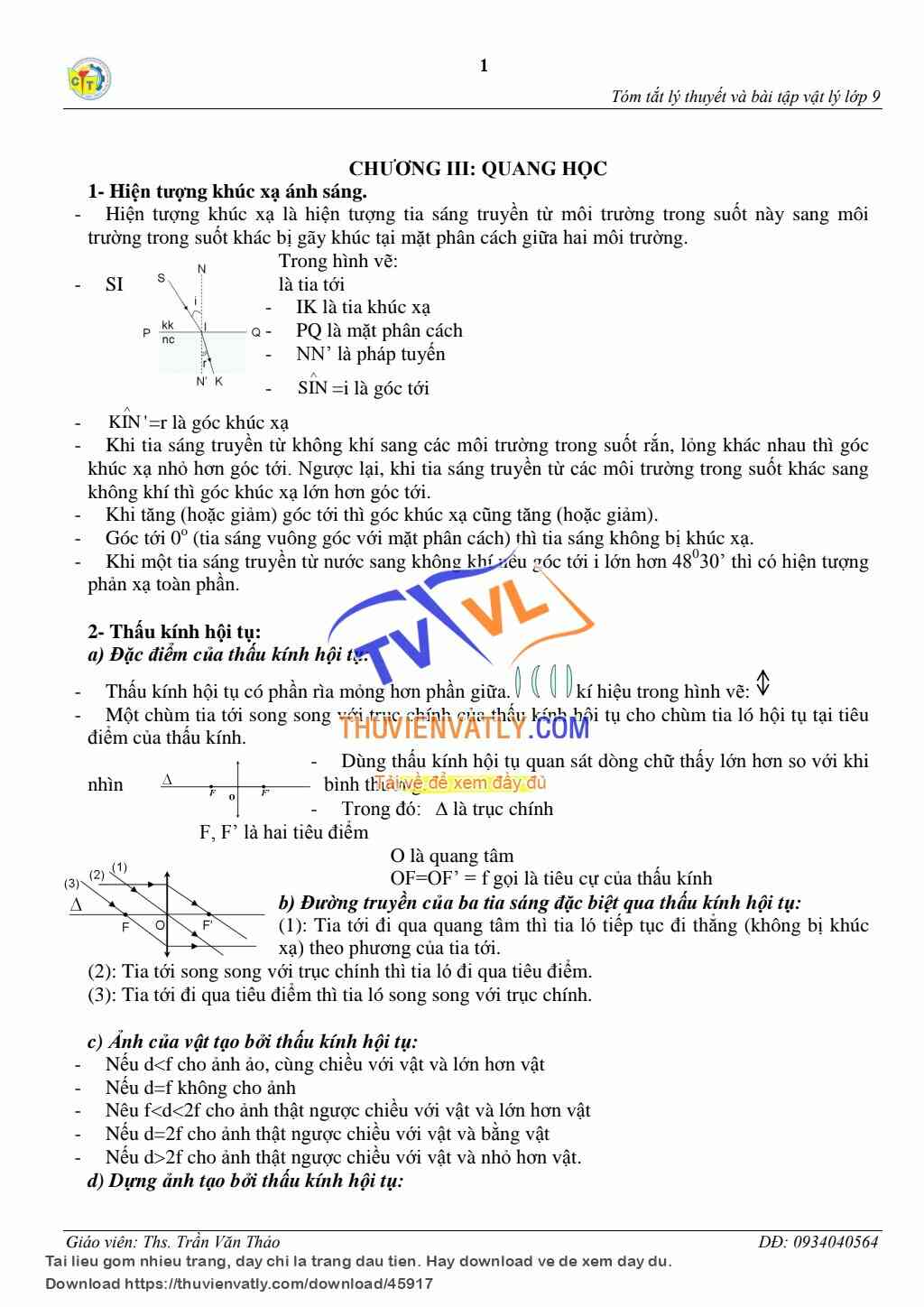 Bài tập vật lý lớp 9 - Quang học