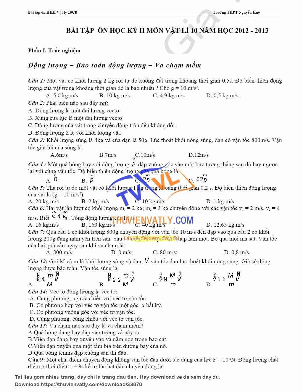 Một số Bài tập ôn HKII môn Vật lý 10CB theo chủ đề