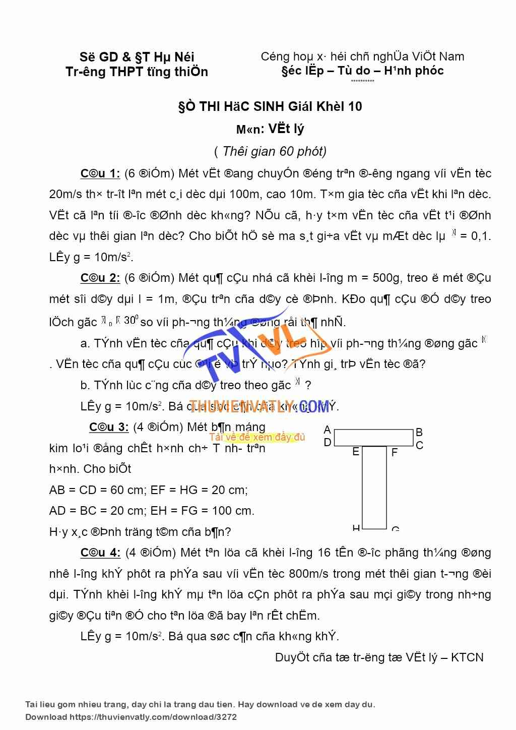 Đề và đáp án HSG lớp 10 - THPT Tùng Thiện, Hà Nội