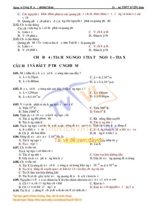 Trắc nghiệm vật lý 12 NC toàn tập - chương 6