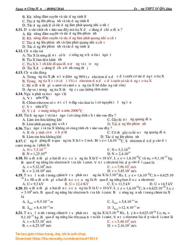 Trắc nghiệm vật lý 12 NC toàn tập - chương 6