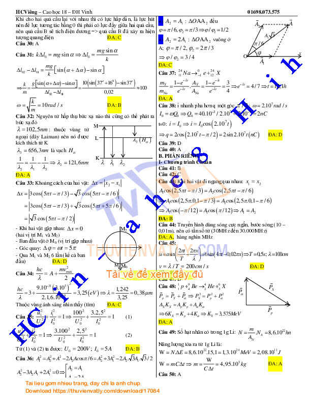 Lời giải chi tiết Đề thi thử Trường chuyên ĐH Vinh - Môn Vật lý - Lần 2 - 2012