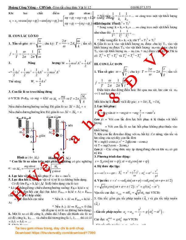 Tóm công thức vật lý 12 - Tập 1