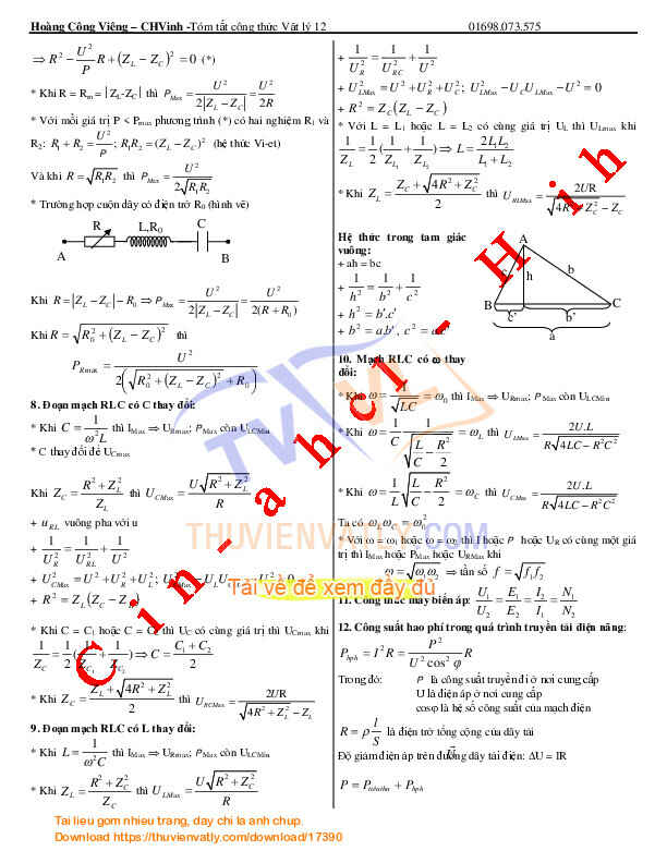 Tóm công thức vật lý 12 - Tập 1