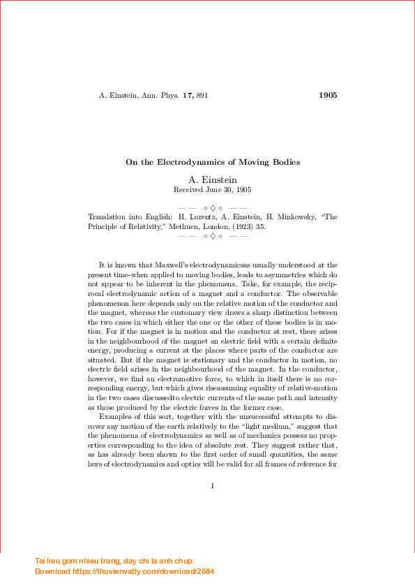 On the Electrodynamics of Moving Bodies (Albert Einstein, 1905)