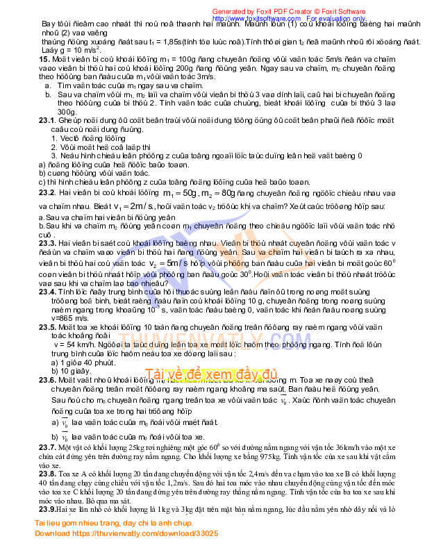 Bài tập chương 4 Lý 10: Các định luật bảo toàn