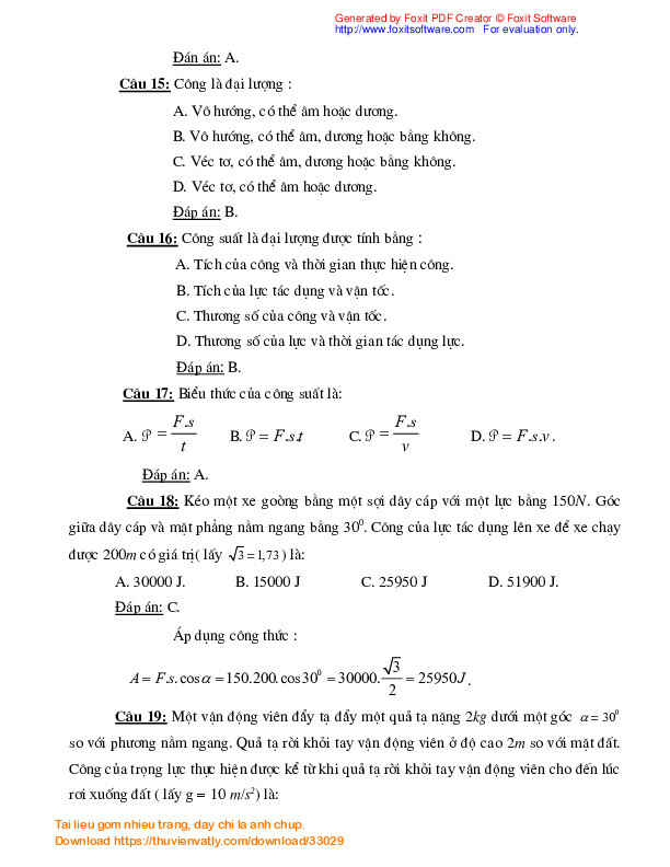 Hệ thống câu hỏi vật lý 10 chương 4 có hướng dẫn đáp án