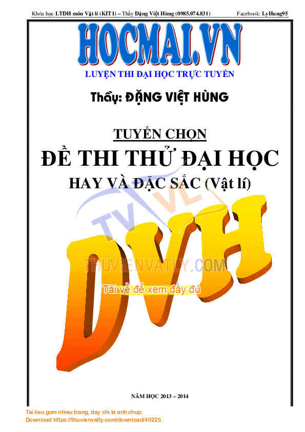 Tuyển chọn 5 đề thi thử đại học môn lí của Thầy Đặng Việt Hùng (Có giải chi tiết)