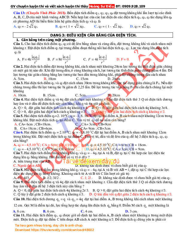 Phân loại các dạng Bài Tập vật lý 11. Chuyên đề Điện Tích - Định luật Cu-Lông theo hướng luyện thi Quốc Gia