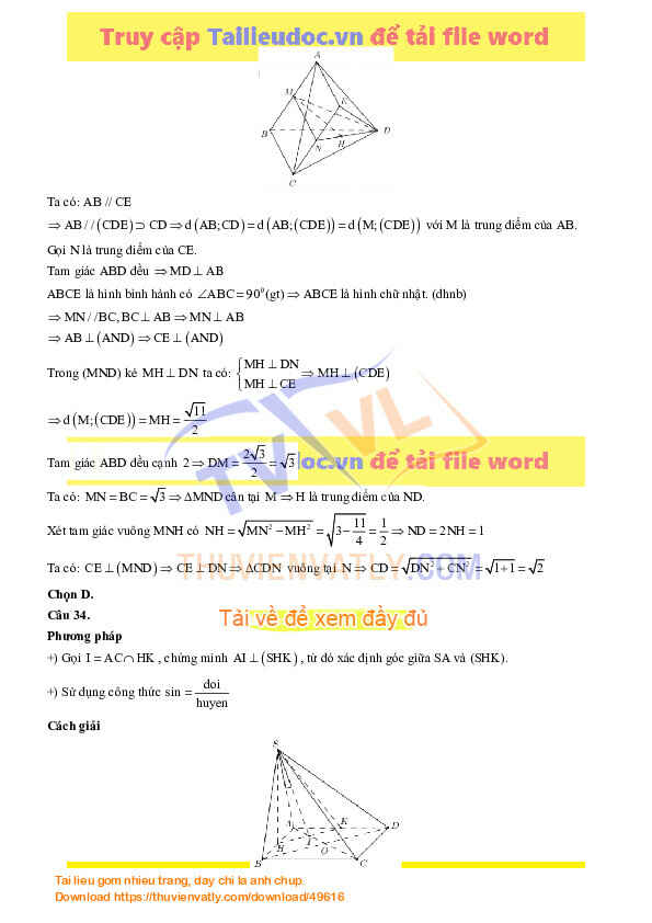 Đề thi thử 2019 môn Toán THPT Chuyên Lương Văn Tụy - Ninh Bình – Lần 2 - File word có ma trận lời giải chi tiết