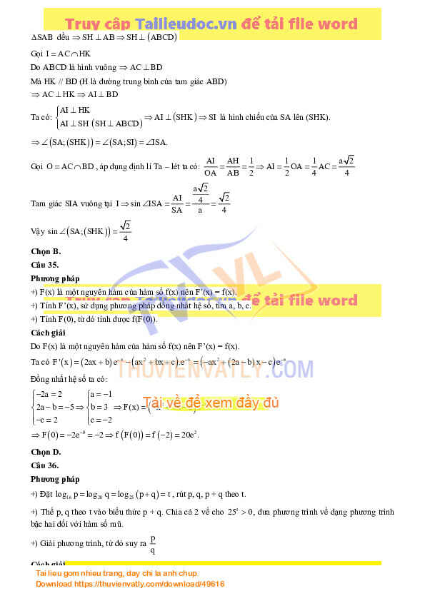 Đề thi thử 2019 môn Toán THPT Chuyên Lương Văn Tụy - Ninh Bình – Lần 2 - File word có ma trận lời giải chi tiết