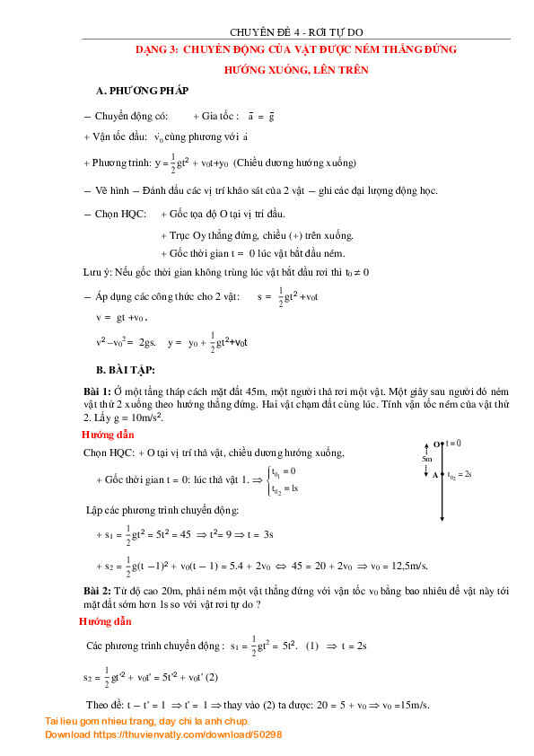 Chuyên đề Rơi tự do - Dạng 4 - Bài toán ném vật theo phương thẳng đứng (lên trên, xuống dưới...)