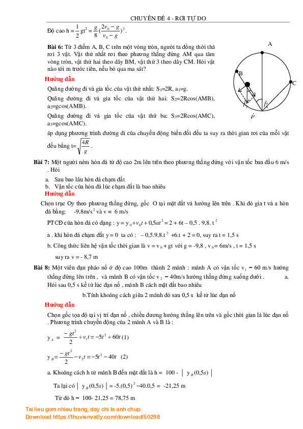Chuyên đề Rơi tự do - Dạng 4 - Bài toán ném vật theo phương thẳng đứng (lên trên, xuống dưới...)