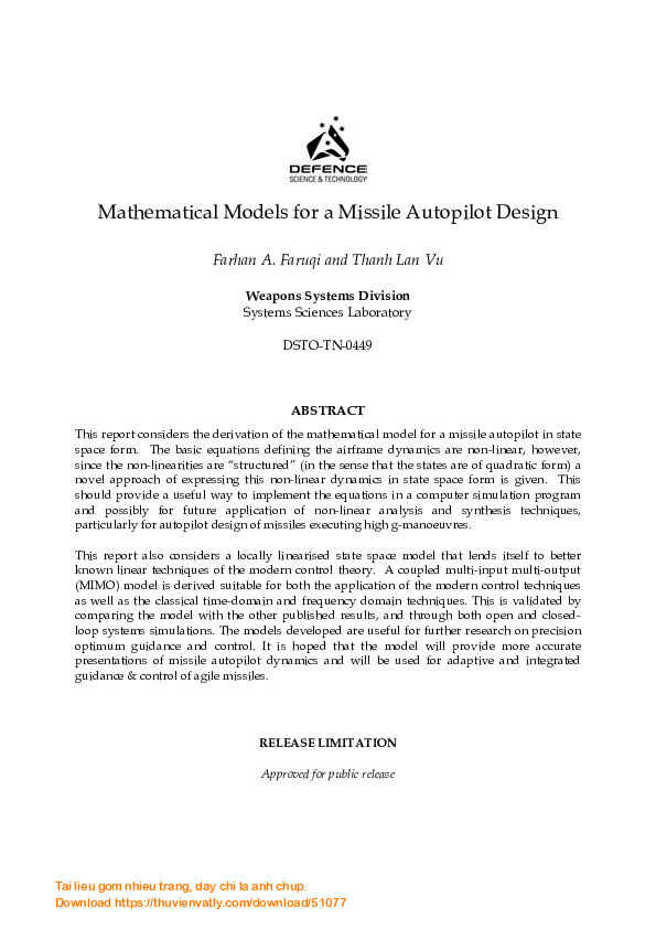 Mathematical models for a missile