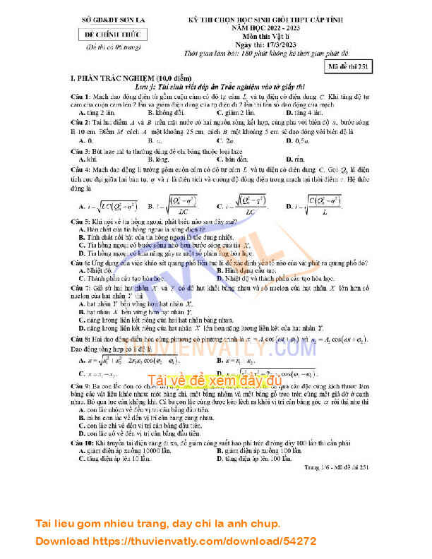 Đề thi học sinh giỏi Vật Lý cấp tỉnh Sơn La, 2023